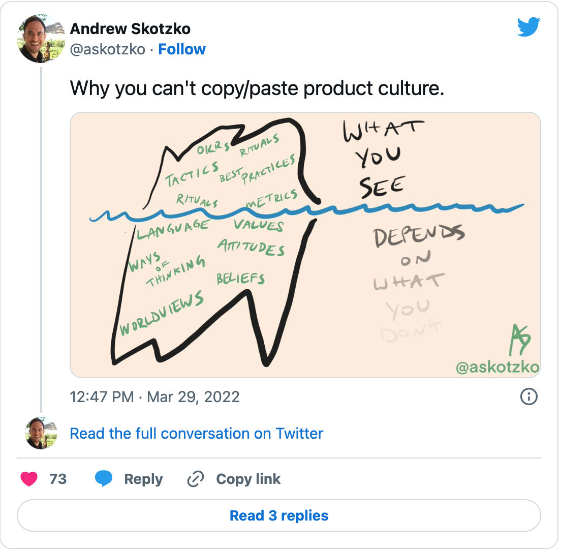 Tweet by Andrew Skotzko: Why you can't copy/paste product culture. An iceberg sketch: tactics, OKRs, rituals and metrics above the waterline; language, values, attitudes, beliefs and worldviews below it.